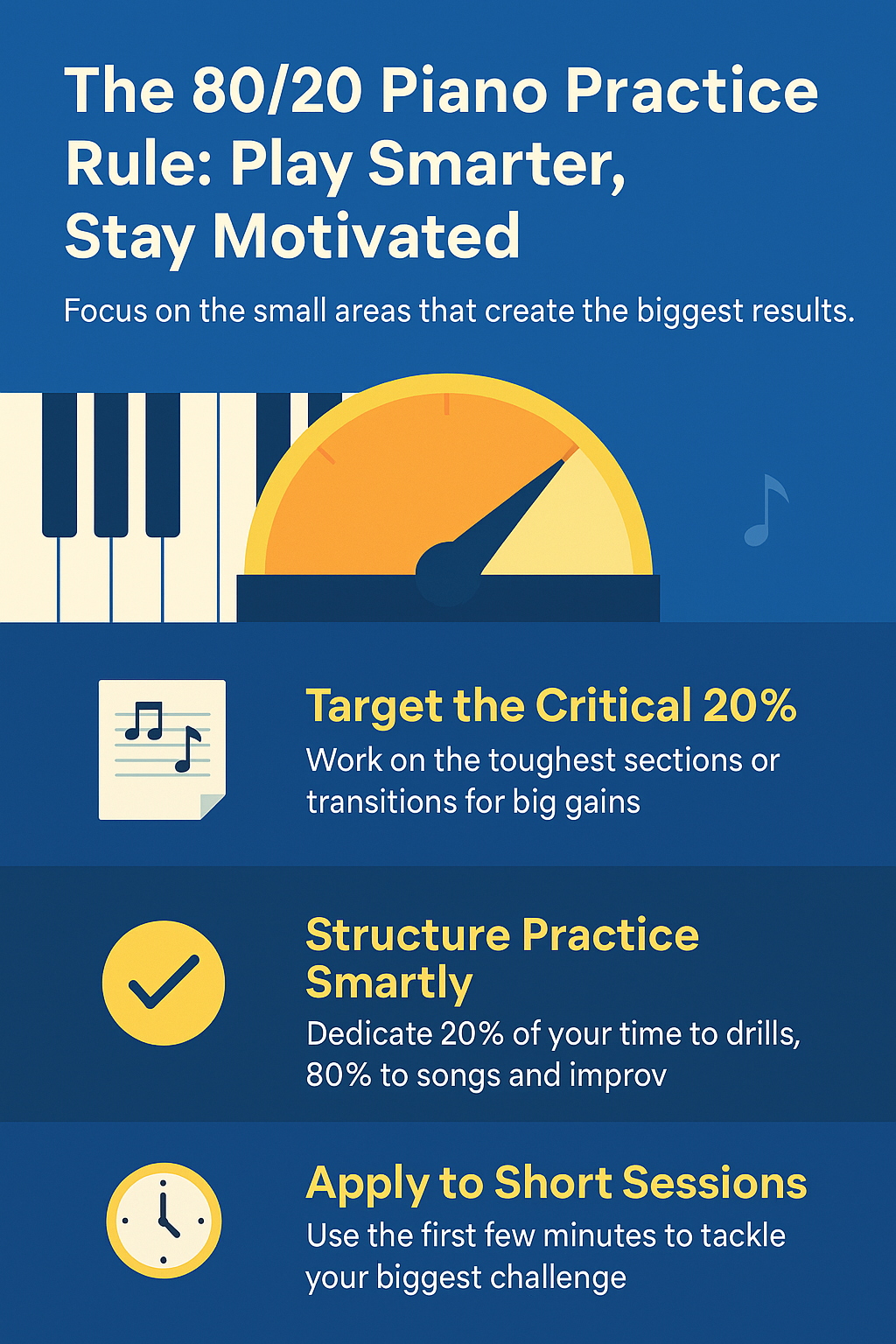 Piano Practice Tips: Stay Motivated on Your Musical Journey Staying motivated through consistent piano practice can be tough—especially during busy weeks or when progress plateaus. But with the right piano practice tips and mindset, you can keep your learning momentum strong. This article provides simple and effective strategies to make practice sessions more productive and inspiring. Setting Achievable Goals Know your “why”: Write down what matters—a piece you want to play or a performance you hope to give—and revisit it often (motivation for learners). Use SMART goals: Specific, Measurable, Achievable, Relevant, and Time-bound—for example: “Learn to play X at target tempo by June.” Break into stages by level: Beginners set mini-goals like learning one chord or phrase; intermediates aim for cleaner transitions; advanced learners might chart improvisation or compositional targets. Creating a Practice Routine Short, consistent sessions: Even a 1‑minute warm‑up is better than skipping altogether—small habits build discipline. Include deliberate practice elements: Focused, goal‑oriented drills backed by feedback help progression. Adapt routine by life stage: Kids may practice twice for 10–15 minutes daily; adults often do 3× 20–30 min sessions across the week. Using Gamification and Rewards Sticker or point charts: Especially useful for children—earning stickers or points toward a reward gives positive reinforcement. App-based motivation: Interactive apps like Flowkey, Simply Piano, and MuseFlow gamify learning, making it feel more fun than chore. Personal challenges: Try composing a phrase, improvising over chords, or learning a genre outside of your comfort zone—turn practice into playful exploration. Tracking Your Progress Reflect after each session: Ask “How do I feel now?” to reinforce the positive effect of playing. Keep a practice journal: Record daily time, what you worked on, and how it felt—visualizing progress fuels motivation. Showcase achievements: For parents and children, regular “report cards” or mini‑performances help celebrate milestone wins. Staying Inspired with New Music Explore styles beyond your current level: Classical, pop, jazz, video game music—keeping variety prevents boredom. Listen or watch live performances: Seeing skilled pianists in action can reignite motivation and spark new goals. Free creative play: When stuck on a tough section, take a break and improvise any sound or phrase that feels good—it helps rekindle joy. Optimizing Your Piano Environment & Support System Create a comfortable practice space: Choose a quiet, well-lit area with minimal distractions. Make sure your seating, lighting, and instrument setup feel inviting so practice doesn’t feel like a chore. Find your best practice time: Experiment with mornings, afternoons, or evenings to discover when your focus and energy are at their peak. Minimize distractions: Turn off notifications, clear clutter, and create a mental “practice zone” that signals to your brain it’s time to focus. Seek accountability and community: Working with a teacher provides structured guidance and motivation. Having a practice buddy or joining an online piano group adds encouragement and social connection. Practical Ways to Apply 80/20 in Piano Practice The 80/20 rule (Pareto Principle) says that 80% of your progress comes from 20% of your efforts. Here’s how to make it work for motivation: Identify the critical 20% in your piece: Usually, it’s the hardest sections, tricky transitions, or frequent mistakes. Focusing 80% of your practice time on these challenging sections gives the biggest return while dedicating a shorter amount of time to practicing. Break it down: Break down the difficult sections in your piece, isolate them, and spend time working on one section at a time, rather than playing the piece from the beginning repeatedly. Slow down: When learning a new piece, focus on moving slowly but accurately. This minimizes making repeated mistakes. This approach saves time, reduces overwhelm, and delivers fast wins—keeping your motivation alive. Internal Link Breakpoint Well‑structured piano lessons in North Vancouver help keep students motivated. Frequently Asked Questions (Beginner, Intermediate, Children & Adult perspectives) Q: I’m a kid and hate practicing scales. How can I stay motivated? A: Keep sessions short, add fun variations, and reward effort with a sticker chart. Having variety and parent support helps too. Q: As an adult with little time, how can I make piano practice live? A: Even a few uninterrupted minutes daily builds discipline. Use an app like MuseFlow or Flowkey for feedback and song-based motivation. Q: I’m intermediate and stuck on a plateau. What now? A: Reset with a new challenge—improvisation, composition, or cross-genre learning—and track your progress. Shift the challenge to keep it fresh. Content Summary Setting Achievable Goals: Find your personal reasons. Use SMART structures to break large ambitions into stage‑appropriate, realistic steps. Creating a Practice Routine: Prioritize consistency through short, focused sessions tailored to age and level, with deliberate skills practice. Using Gamification and Rewards: Engage learners by turning practice into a game—points, stickers, app‑based progress, or creative exploration. Tracking Your Progress: Reflect after playing, maintain a journal, and celebrate small achievements to reinforce positive momentum. Staying Inspired with New Music: Mix repertoire styles, enjoy performances, and allow creative “play”—maintaining joy and curiosity on the learning path. Optimizing Your Piano Environment & Support System: Make your space inviting, choose your best practice time, and seek accountability partners or teachers for motivation. Practical Ways to Apply 80/20 in Piano Practice: Focus on the small areas that create big results for smarter, less stressful practice. -infographic